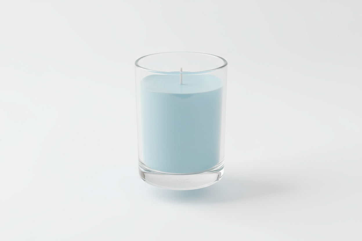 light blue candle in glass jar